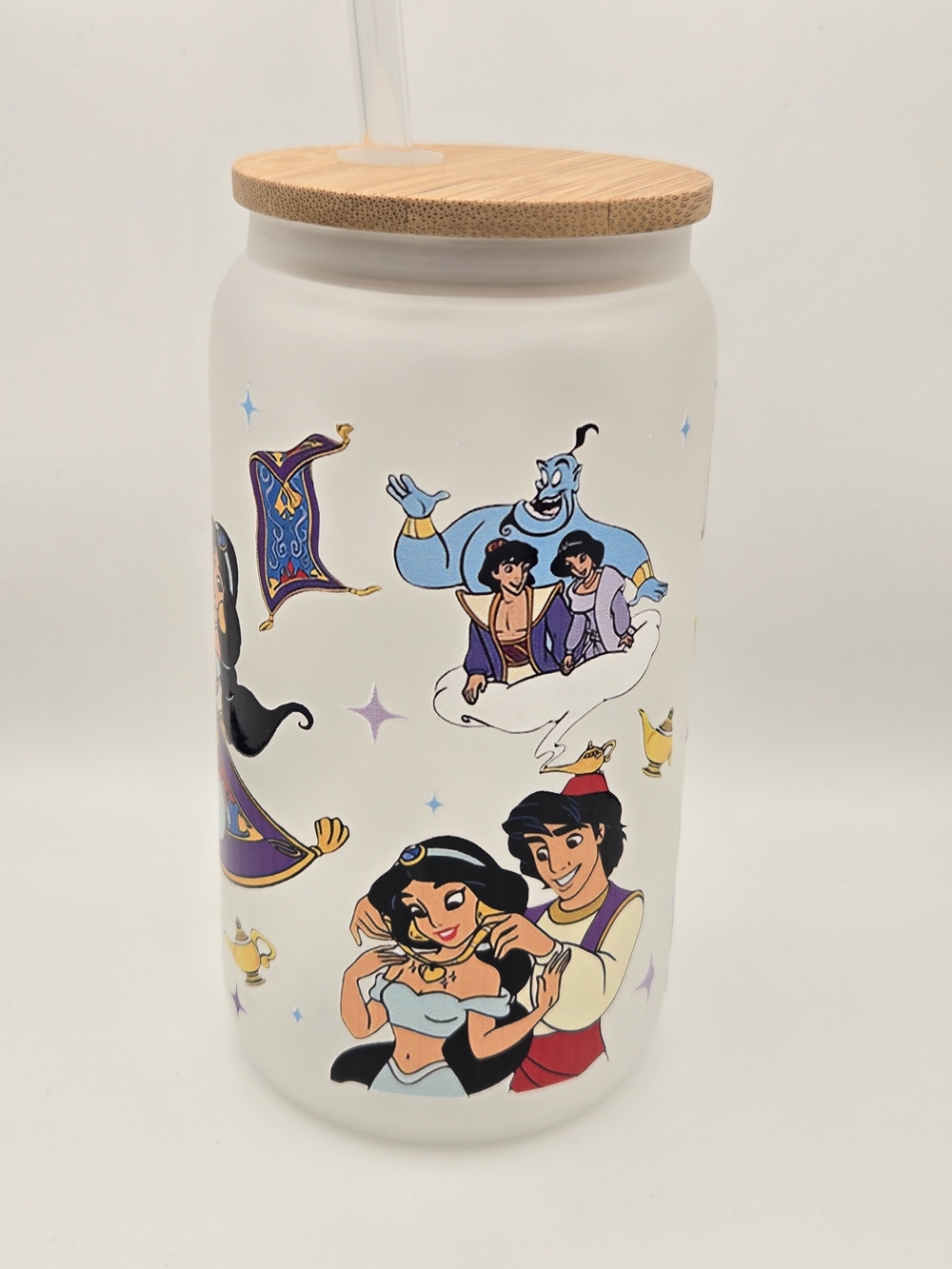 White Aladdin-Themed Bamboo Lid Drink Jar with Straw